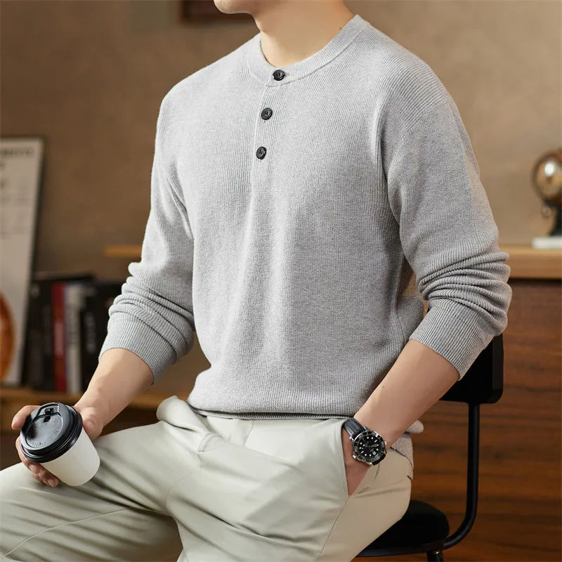 5.8% الماعز الكشمير البلوز 2025 جديد عصري هنري طوق سترة طويلة الأكمام الذكور 94.2% القطن متماسكة الملابس البلوفرات