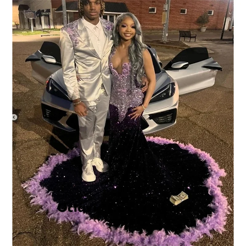 فساتين حفلة موسيقية فاخرة باللون الأرجواني الداكن للفتيات السود رائعة حورية البحر ترتر ريشة فساتين سهرة ماسية لعيد الميلاد الرسمي حسب الطلب