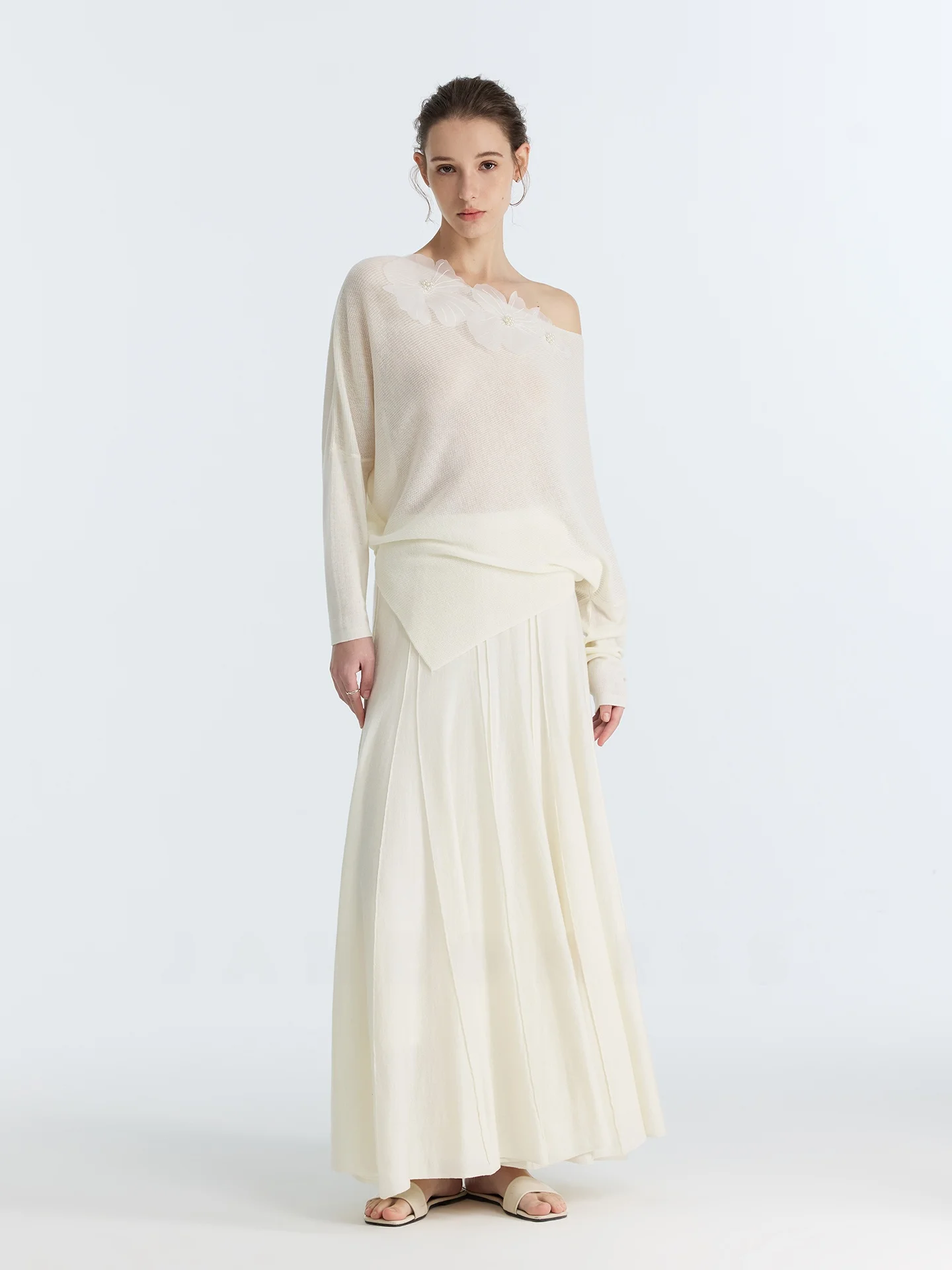 

JANEON Silk Wool Blend Knitted Top Women's Asymmetrical One-oulder 3D Flower Decorated Loose Fit Casual Sle Long Sve