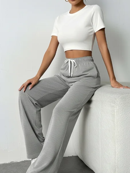 Women New Elastic Waist Pants with Side Pockets Fleece Lined Thick Wide Leg Sweatpants Pure Color Straight Cut