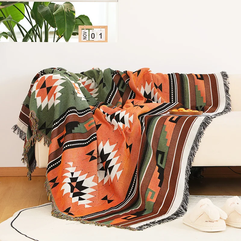 Outdoor Camping Tribal Rugs Blankets Indian Picnic Blanket Boho Decorative Bed Blankets Plaid Sofa Mats Travel Rug Tassels Linen