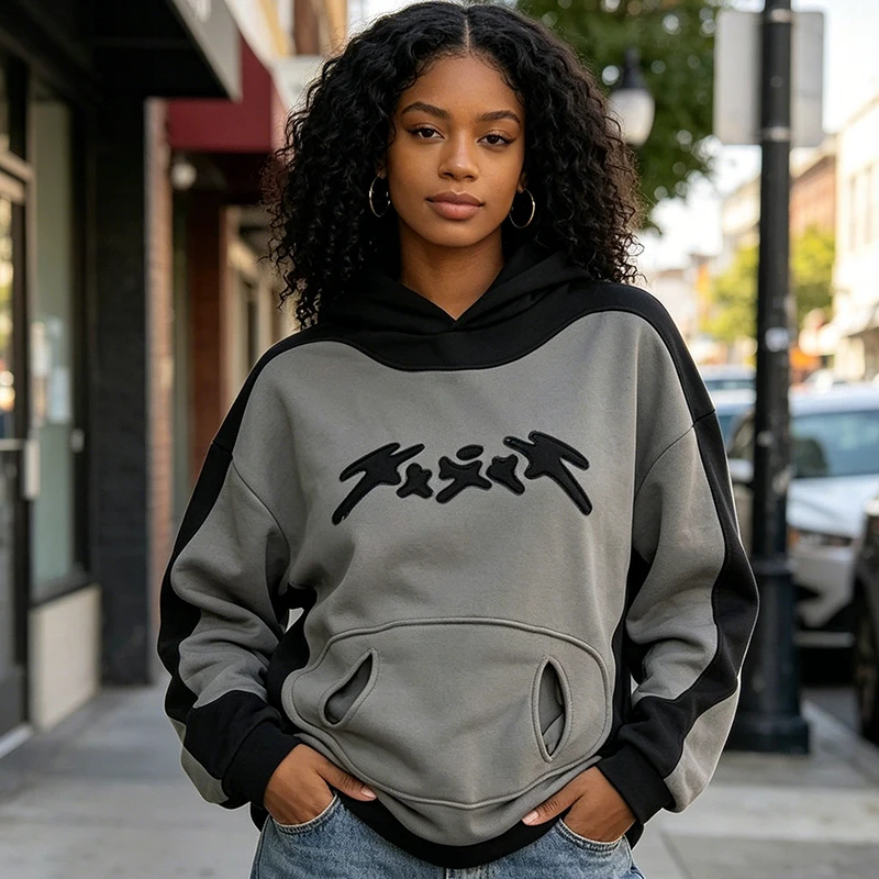 

American Contrast Stitching Creative Patchwork Long Sleeve Pullover Autumn Street Punk Hip Hop Loose Hoodie Y2K Women Sweatshirt