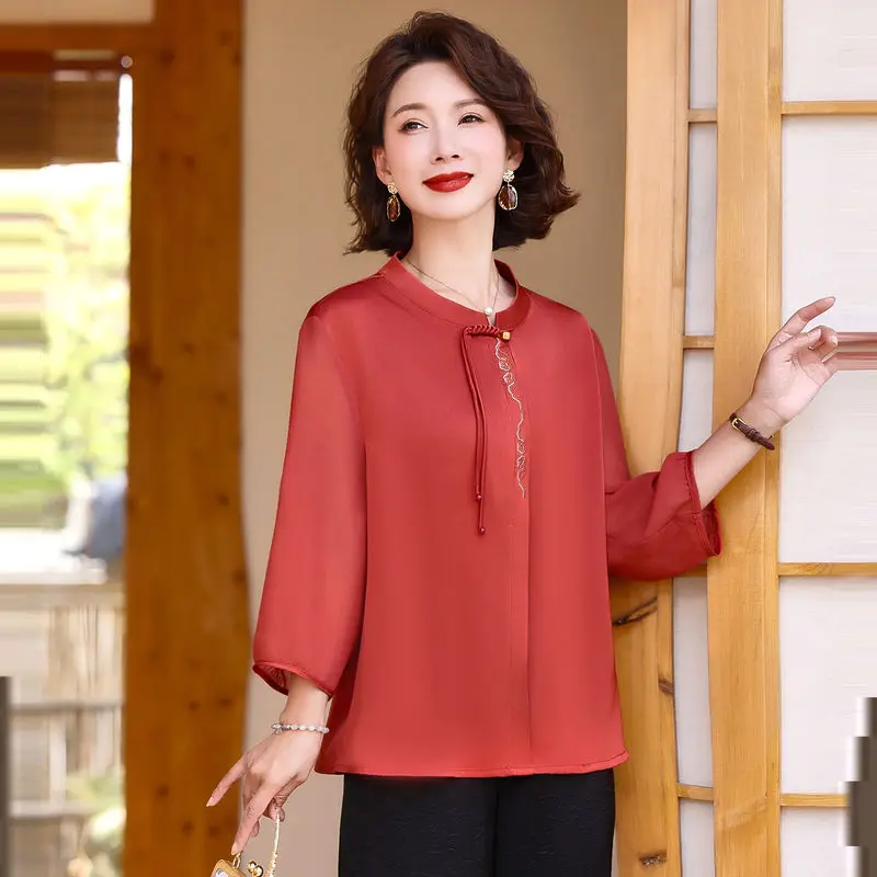 Female Spring Summer Korean Fashion Button Solid Color O-neck Women Clotheing Chinese Style Embroidered Long Sleeve Satin Top Te