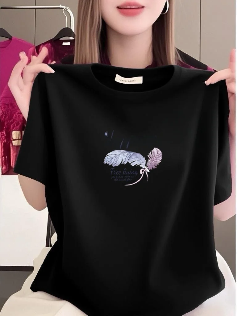 

Women's Mom Clothes Mid-aged Summer Short Sleeve T-shirt Letter Print round Neck Loose Fit Breathable Polyester Fiber