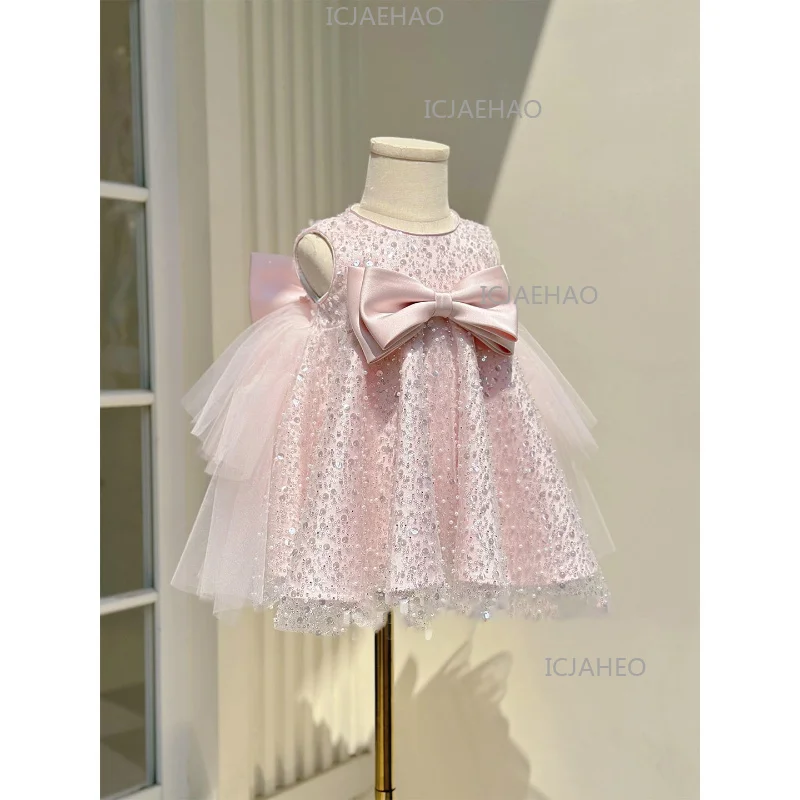 Children Girls Formal Birthday Short Skirt Vestido Fashion Bow Pageant Gown Costume Princess Dress Kids Pink New Sequin Tutu