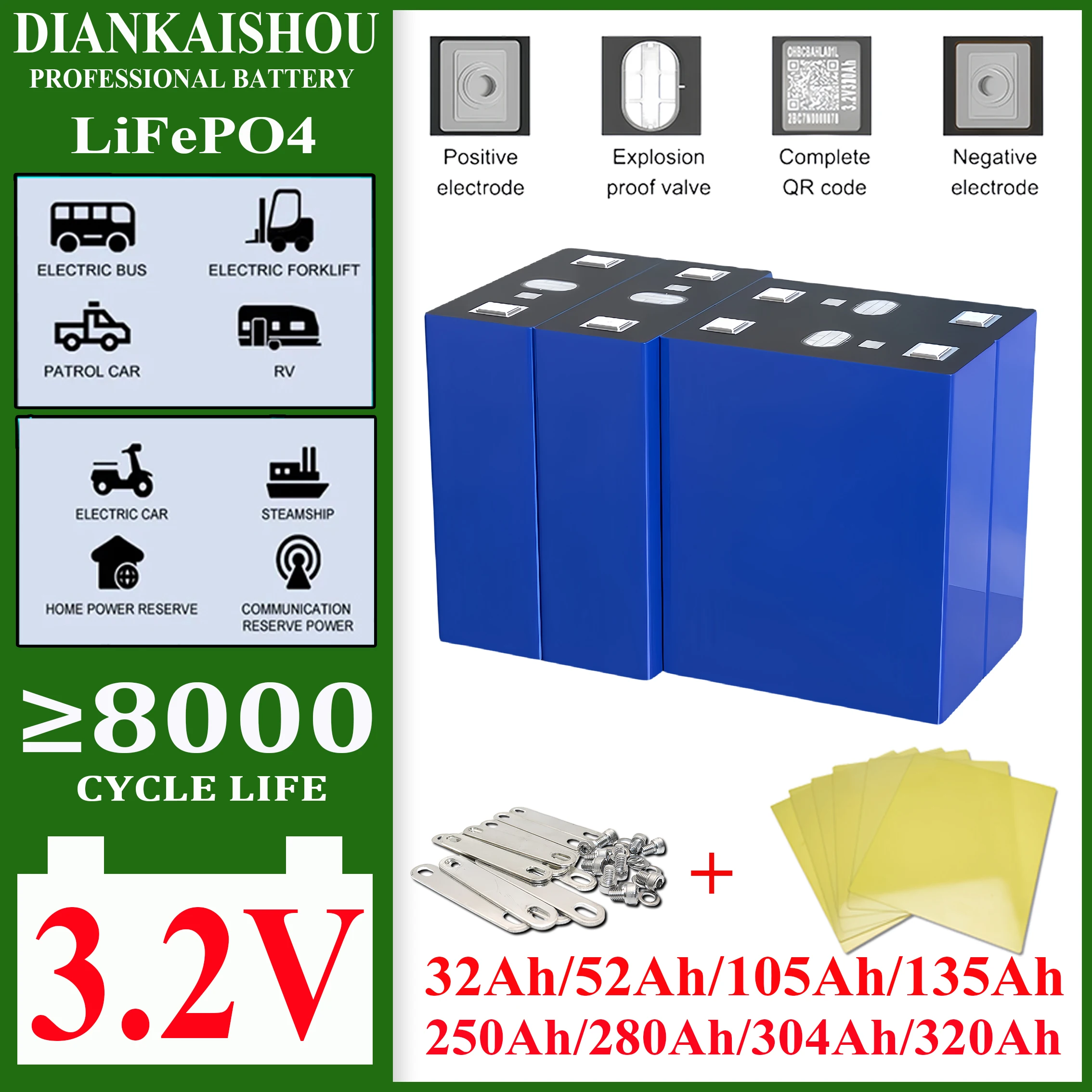 

4PCS Lifepo4 3.2V 320Ah 304Ah 280Ah 135Ah 105Ah 250Ah 32Ah Battery Lithium Iron Phosphate Solar Cell 12v 24v Off-grid Solar Wind