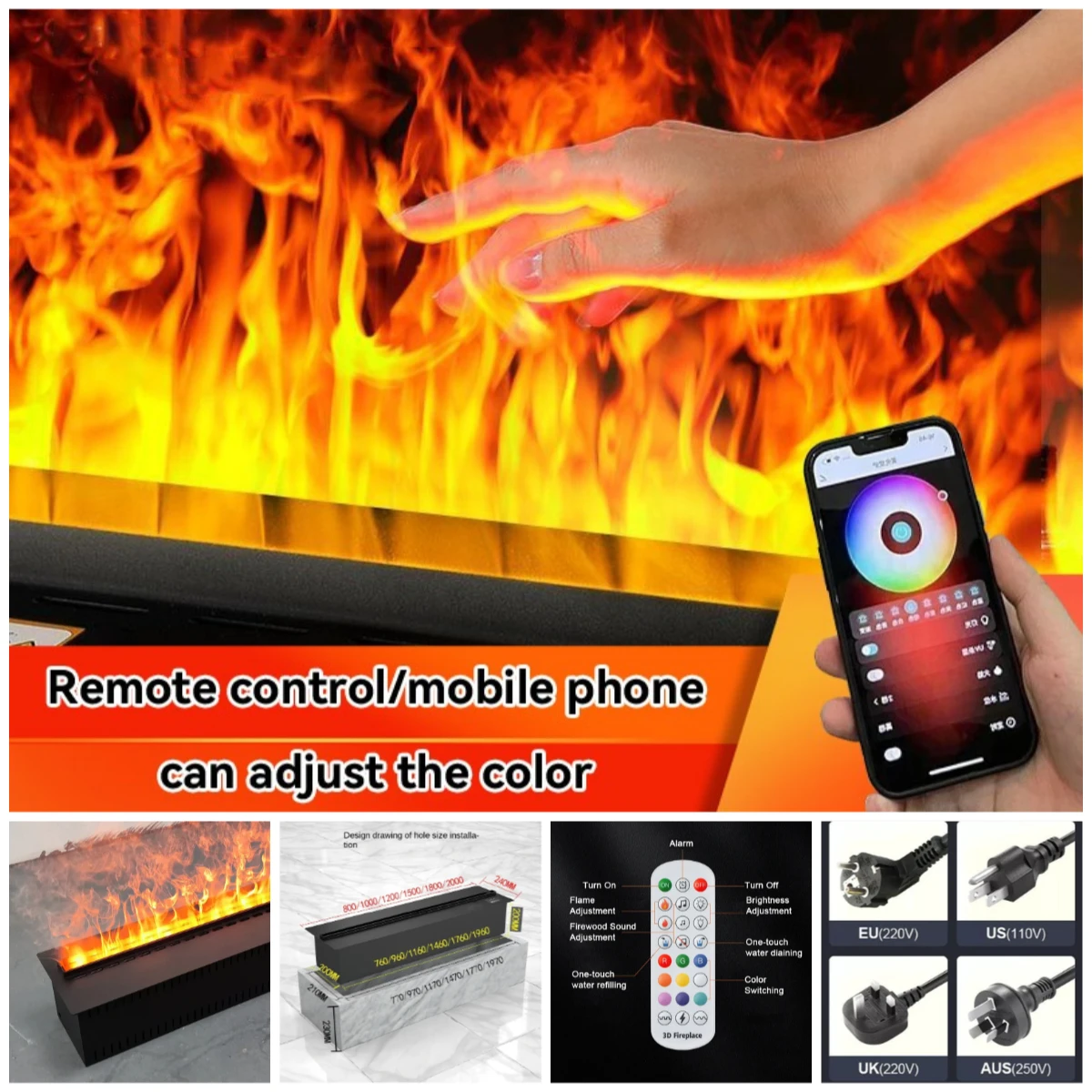 

3D-электрический камин с эффектом водяного тумана, встраиваемый, реалистичный паровой камин с дистанционным управлением и управлением через приложение, для декора интерьера