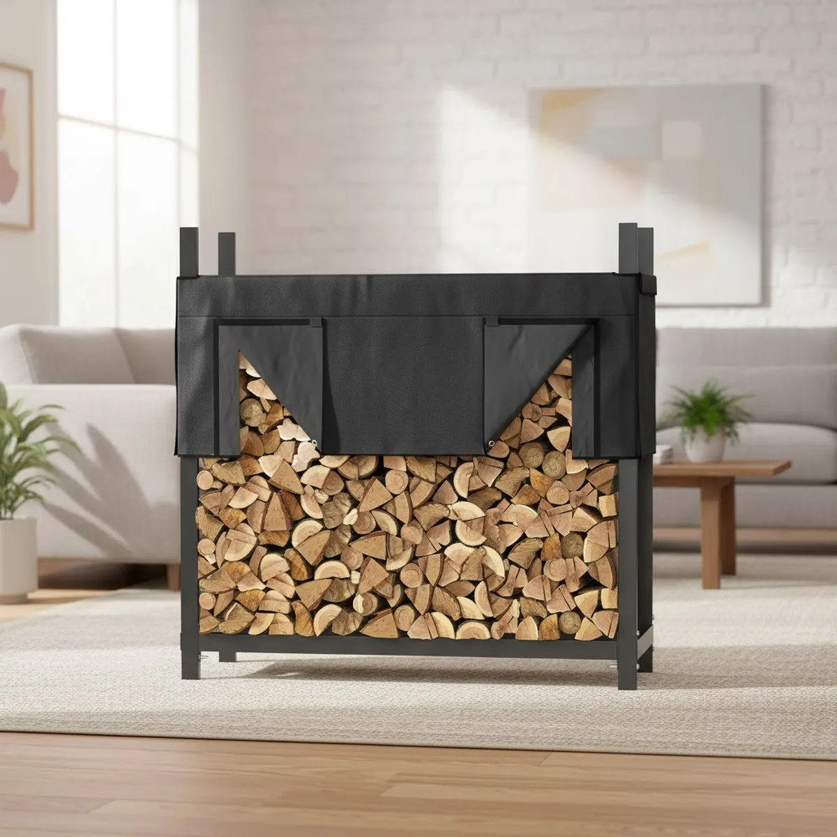 4ft Heavy Duty Firewood Rack Wood Log Holder Outdoor Indoor Waterproof Cover Freestanding Fire Wood Storage Solution