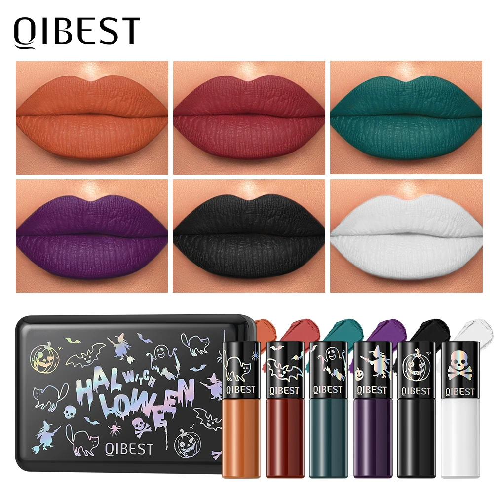 QIBEST 6 unids/set lápiz labial líquido resistente al agua lápiz labial Sexy de Halloween lápices labiales negros de terciopelo mate Labiales de maquillaje de labios rojo naranja