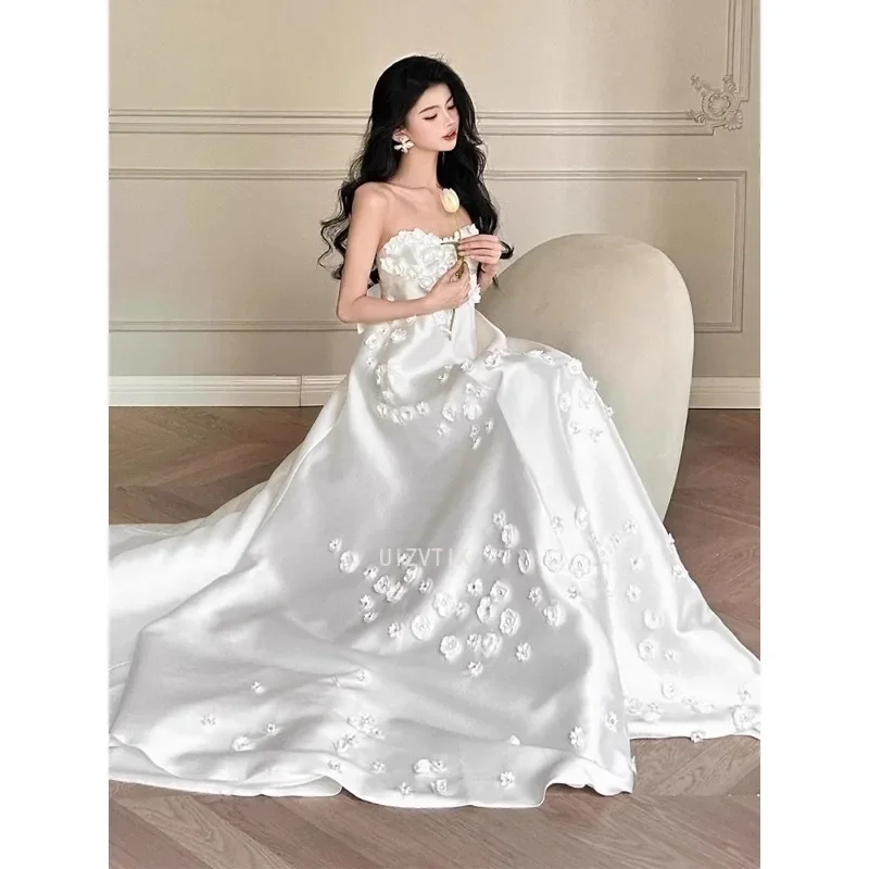 Witte Luxe Trouwjurken Vrouw Een Lijn 3D Bloemen Mouwloze Bruidsjurken Strapless Prinses Formele Party estidos De Noche