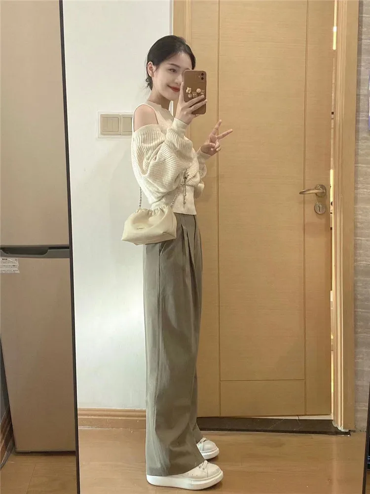 Fake Two Pieces Women 2025 Spring Fashion Off Shoulder Sweater Bottoming Top Black Beige Knit Slim Pullover Long Sleeve Knitwear