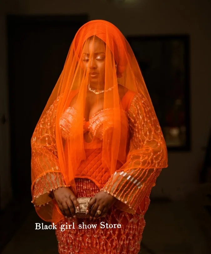 مخصص البرتقال فتاة أفريقية فستان الزفاف مطرز الزينة تألق كريستال يزين فستان زفاف فاخر حفل زفاف #2