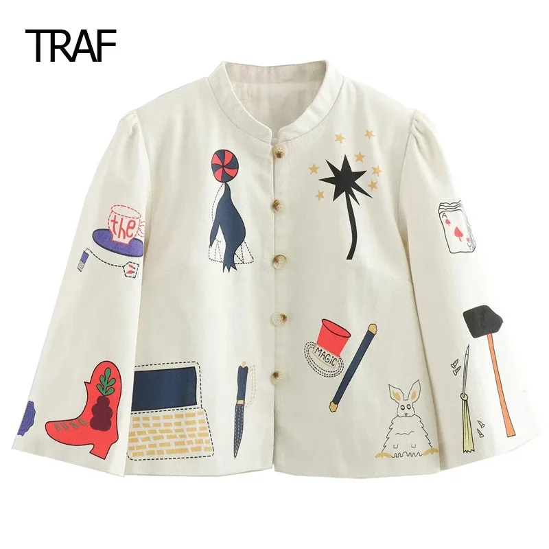 TRAF Women\'s Jacket Spring 2024 Print Cropped Jacket O-Neck Long Sleeves Top Japanese Style Jacket New In Coat Elegant Jackets