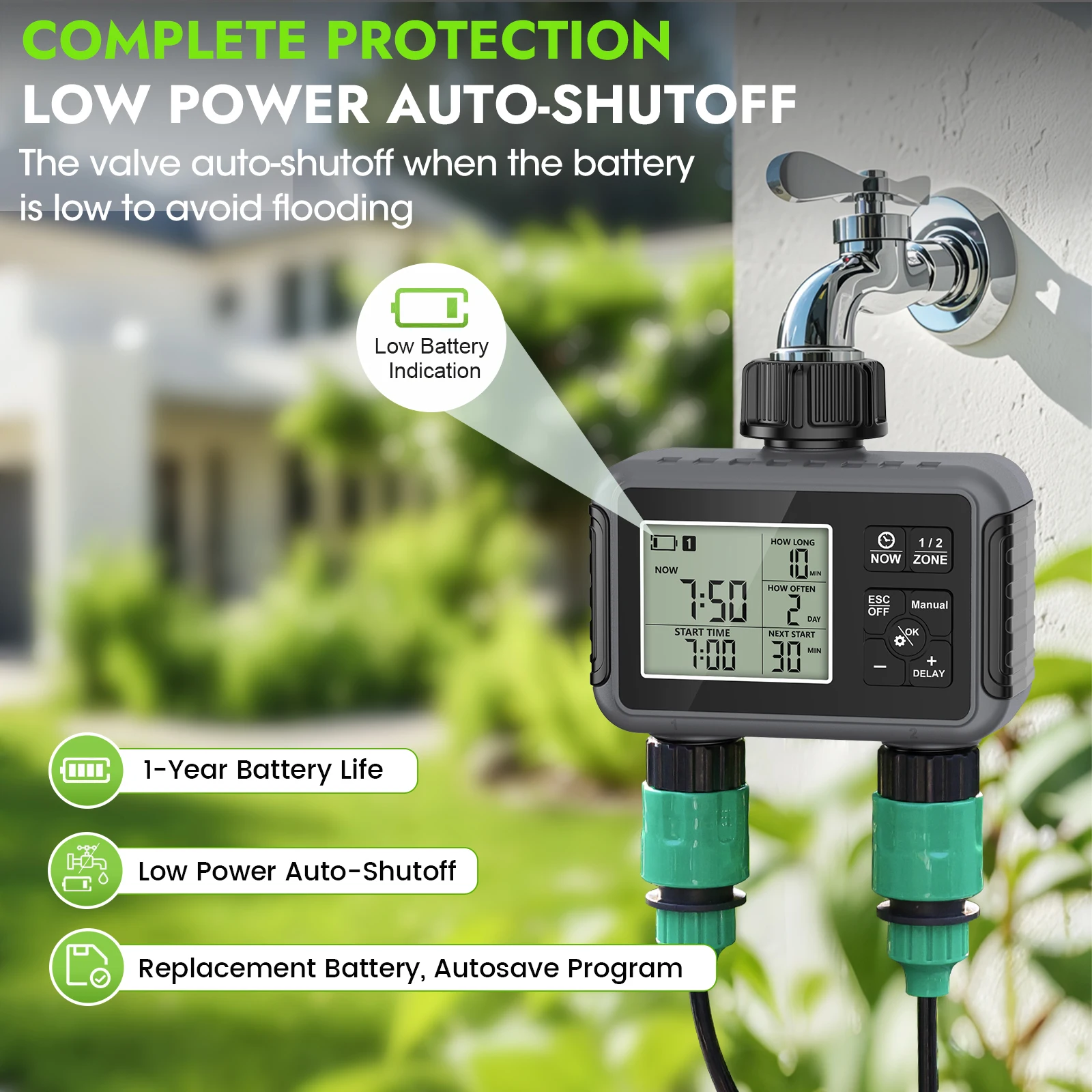 2-Zone Sprinkler Timer Programmable Garden Hose Timer Water-Saving Irrigation Controller for Lawn Yard Drip Systems IPX5
