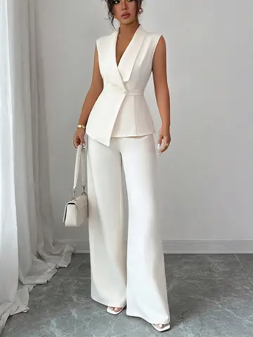 Women's White Sleeveless Blazer Set Wide Leg Pants Elegant V Neck Asymmetric Top Formal Office Party 2 Piece Tailored Suit