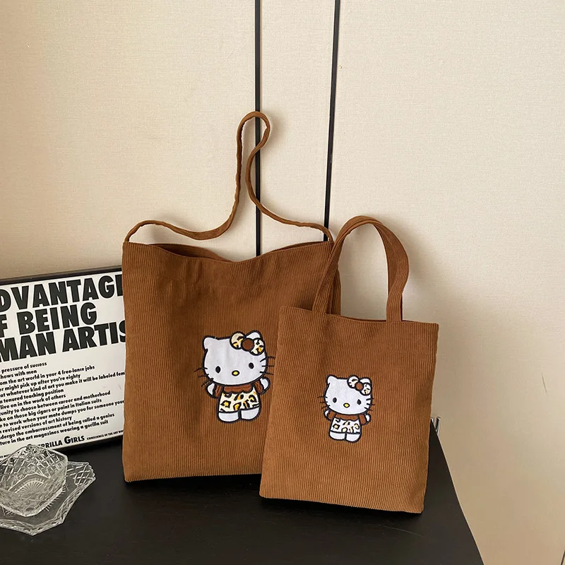 Olá kitty dos desenhos animados bolsa de veludo marrom grande capacidade todos os jogos bolsa de ombro moda leopardo impressão crossbody saco presente
