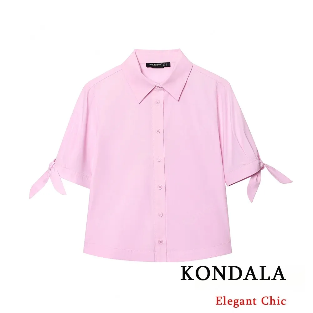 

KONDALA осенняя женская шикарная повседневная розовая рубашка с галстуком-бабочкой, однобортная короткая рубашка с лацканами, новинка 2025 года, модная офисная женская пригородная рубашка