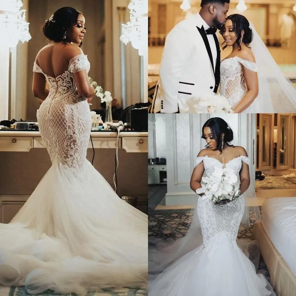 Customized Mermaid Wedding Dress Long Robe De Mariage Plus Size Off Shoulder African Lace Castle Garden Bride Reception Gown