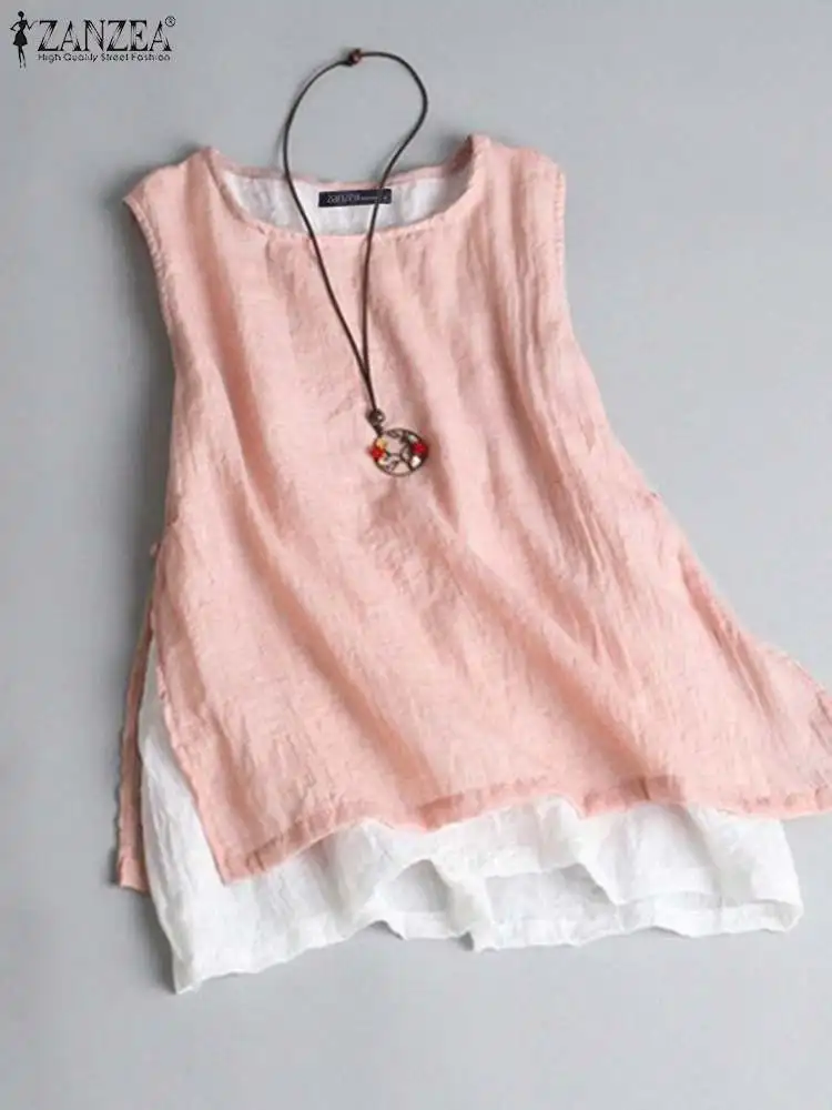 ZANZEA O-neck Beach Tanks Casual Summer Fashion Solid Double Layer Tops Women Sleeveless Loose Holiday Tunics Side Slit Blouse