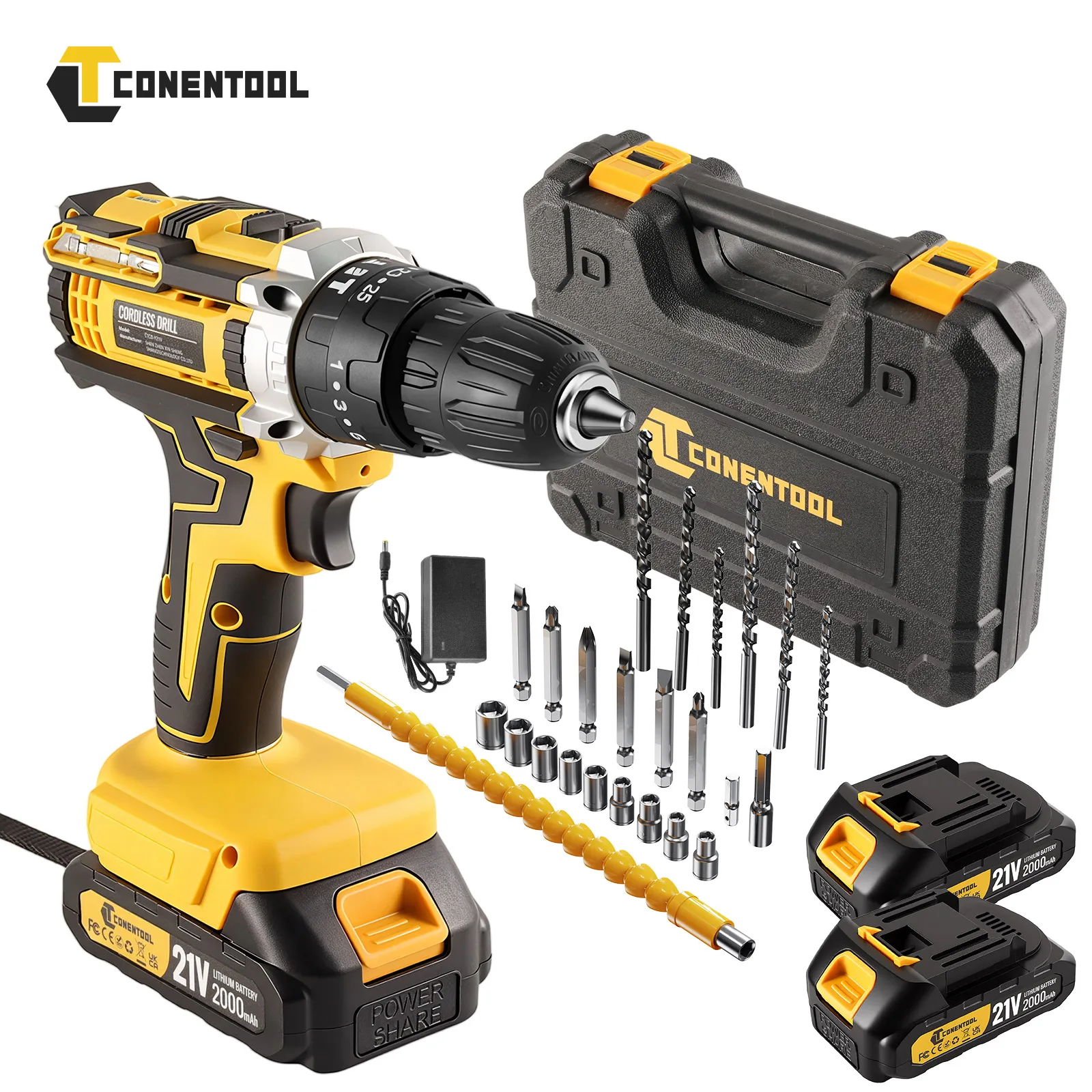 CONENTOOL 25+3 Drehmoment 42N.M Akku-Elektroschrauber Schlagbohrmaschine 3in1 24PCS Tragbares Elektrowerkzeug für Makita 21V Akku Pin