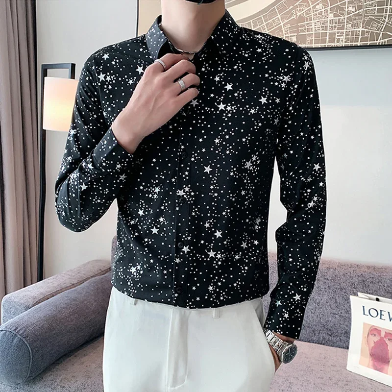 Streetwear Long Sleeve Men Shirts Trend Silver Bronzing Star Slim Korean Social Shirt Men Spring Night Club Party Mens Clothes