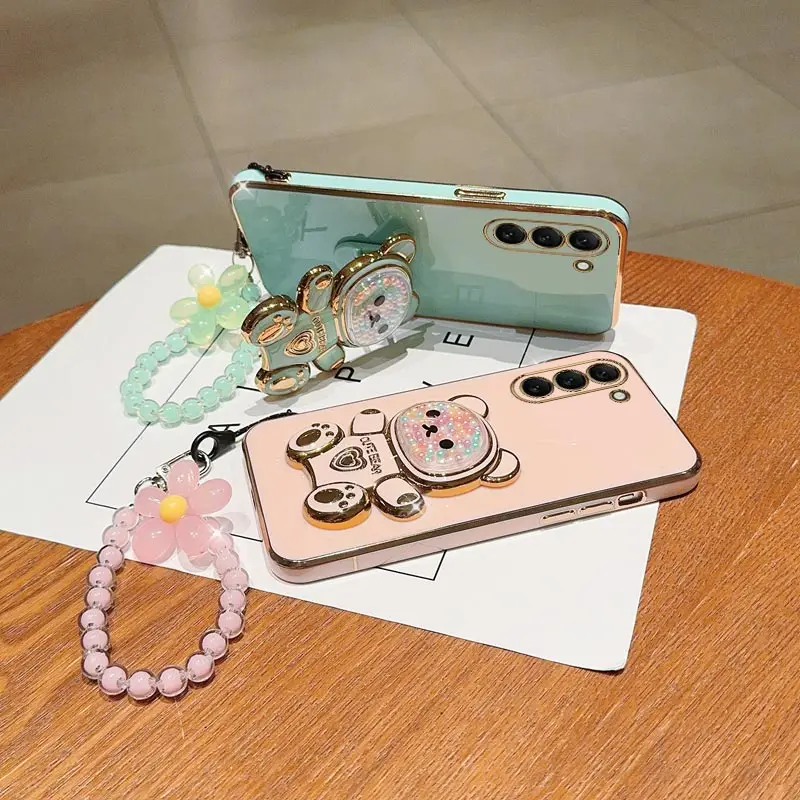 Cute Bear Flower Strap Lanyard Phone Holder Case On For Samsung Galaxy S24 S8 S9 S10 S20 S21 S22 S23 Ultra Plus FE Stand Cover