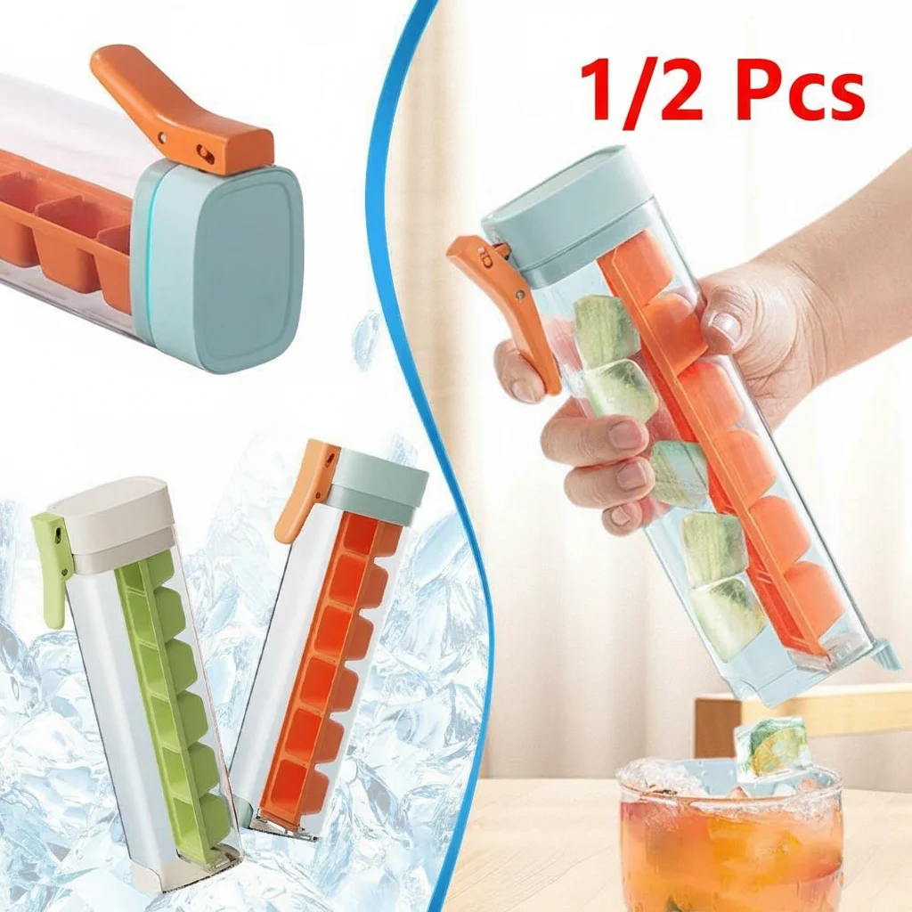 Food Grade Silicone Ice Cube Mold with One Click Press Type Storage Box Whiskey Cube Maker Kitchen Tool for Home Bar 1/2Pcs