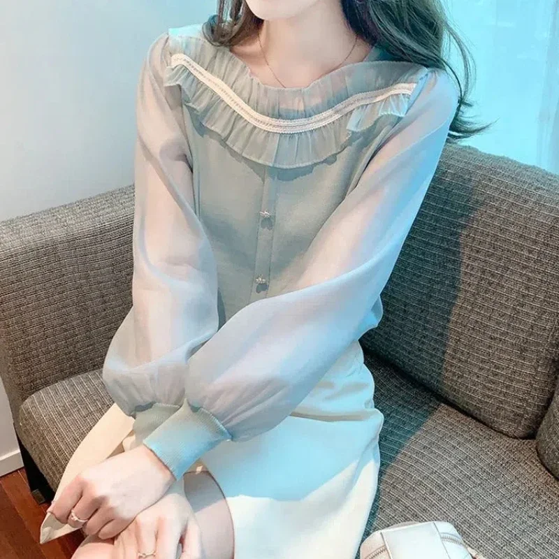 

Spring Autumn New Square Collar Long Sleeve Blouse Women High Street Edible Tree Fungus Pullovers Elegant Button All-match Tops