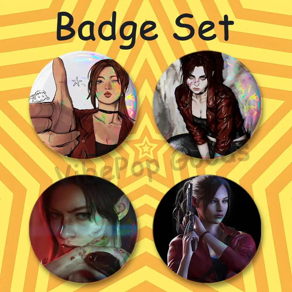 R-Resident E-Evil Claire Redfield 75mm Large Tin Badge 3 Inch Holographic Baji for Ita-Bag Centerpiece 4-Piece Set