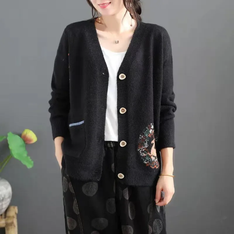 Cardigan vintage curto senhoras camisola primavera solta jacquard malha manga longa jaqueta moda coreana atacado