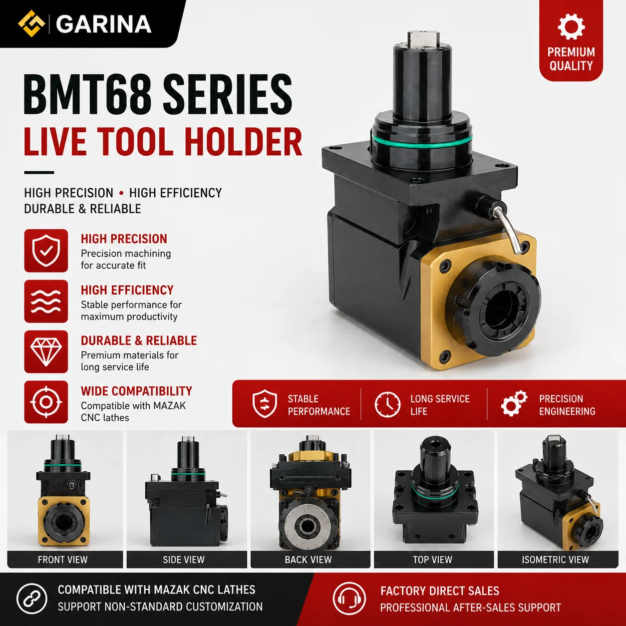 BMT68 Live Tool Holder for Mazak CNC Lathe Power Driven Tool Holder Radial Axial Milling Holder
