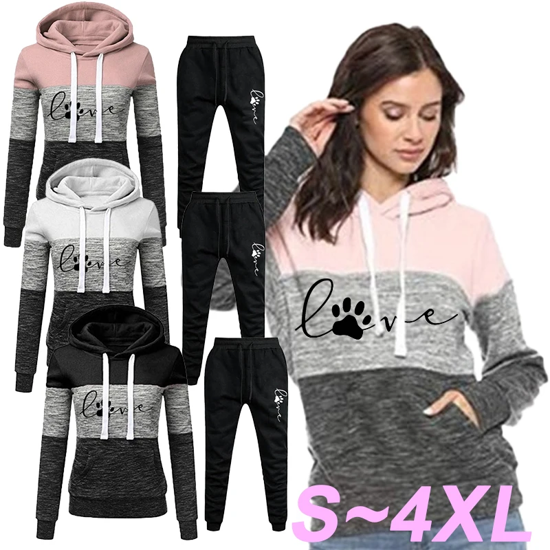 Women\'s sports suit three color patchwork printed hoodie set outdoor casual long sleeved pullover and jogging pants two-piece