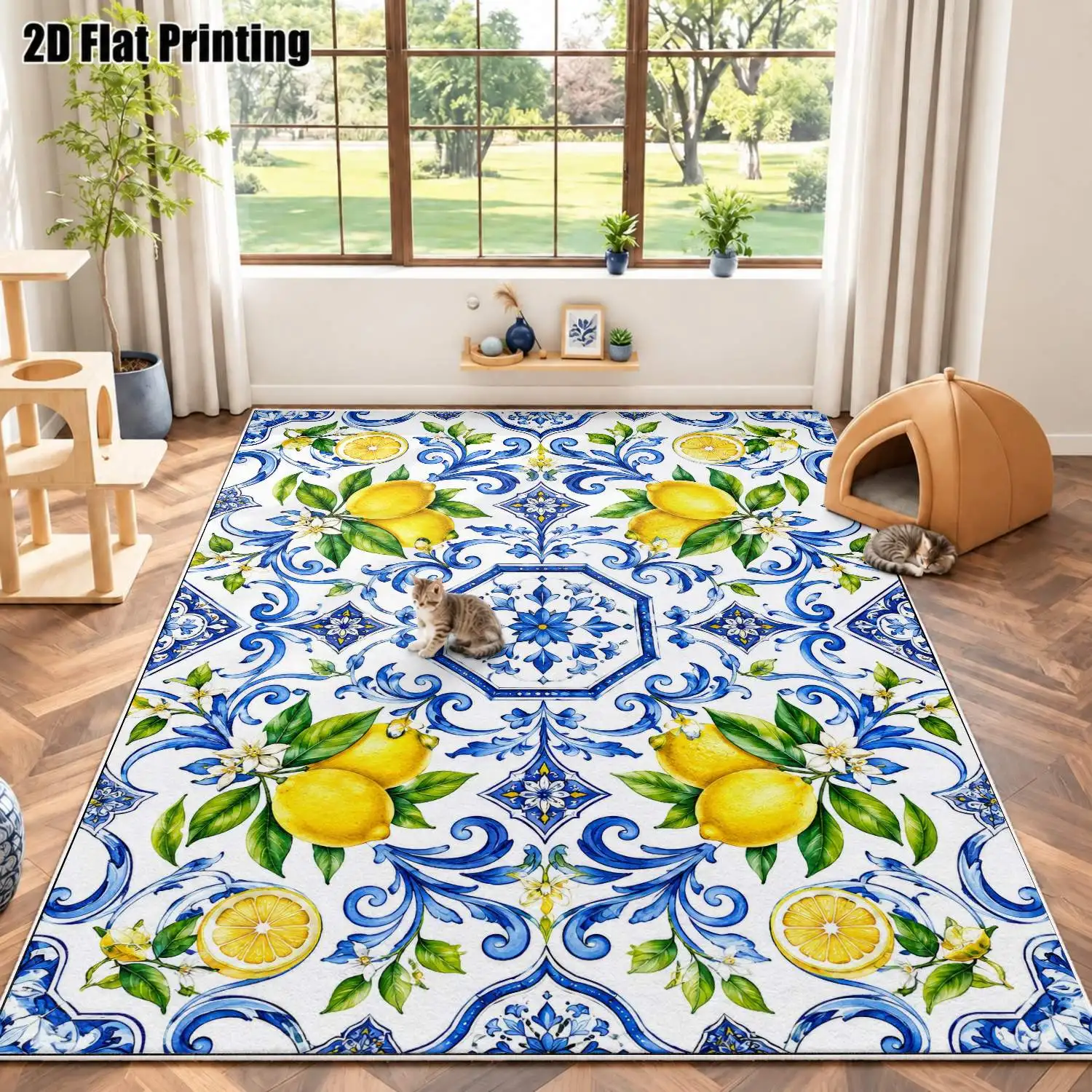 1Pc 2D Printed Blue White Lemon Velvet Carpet, European Retro Geometric Decor, Multi-Size Machine Washable, for Home Decoration, Multi-Scene Use