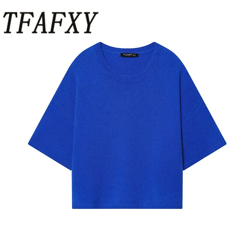 TFAFXY 2026 Frühling Lässige Schicke Strickpullover Damen O-Ausschnitt Halber Ärmel Locker Sitzende Kurze Pullover Modische Elegante Y2K Oberteile