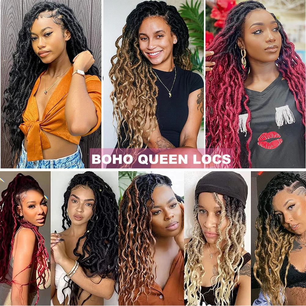 Boho Goddess Locs Crochet Hair 16 24 Inch Curly Wave Queen Faux Locs Crochet Braids Pre Looped Soft Locs Black Brown Bug Color