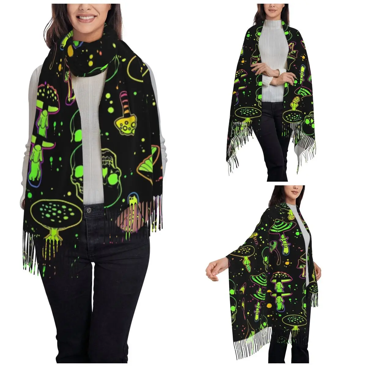 Psychedelic Neon Mushrooms Skull Shawl Wrap Womens Warm Single-sided Pattern Scarf Pashmina Tassel Scarves