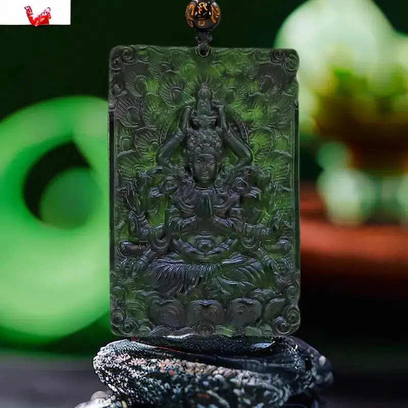 

Natural Real Jade Guanyin Pendant Black Necklace Gemstones Amulet Stone Carved Jewelry Gift Talismans Designer Charm Fashion