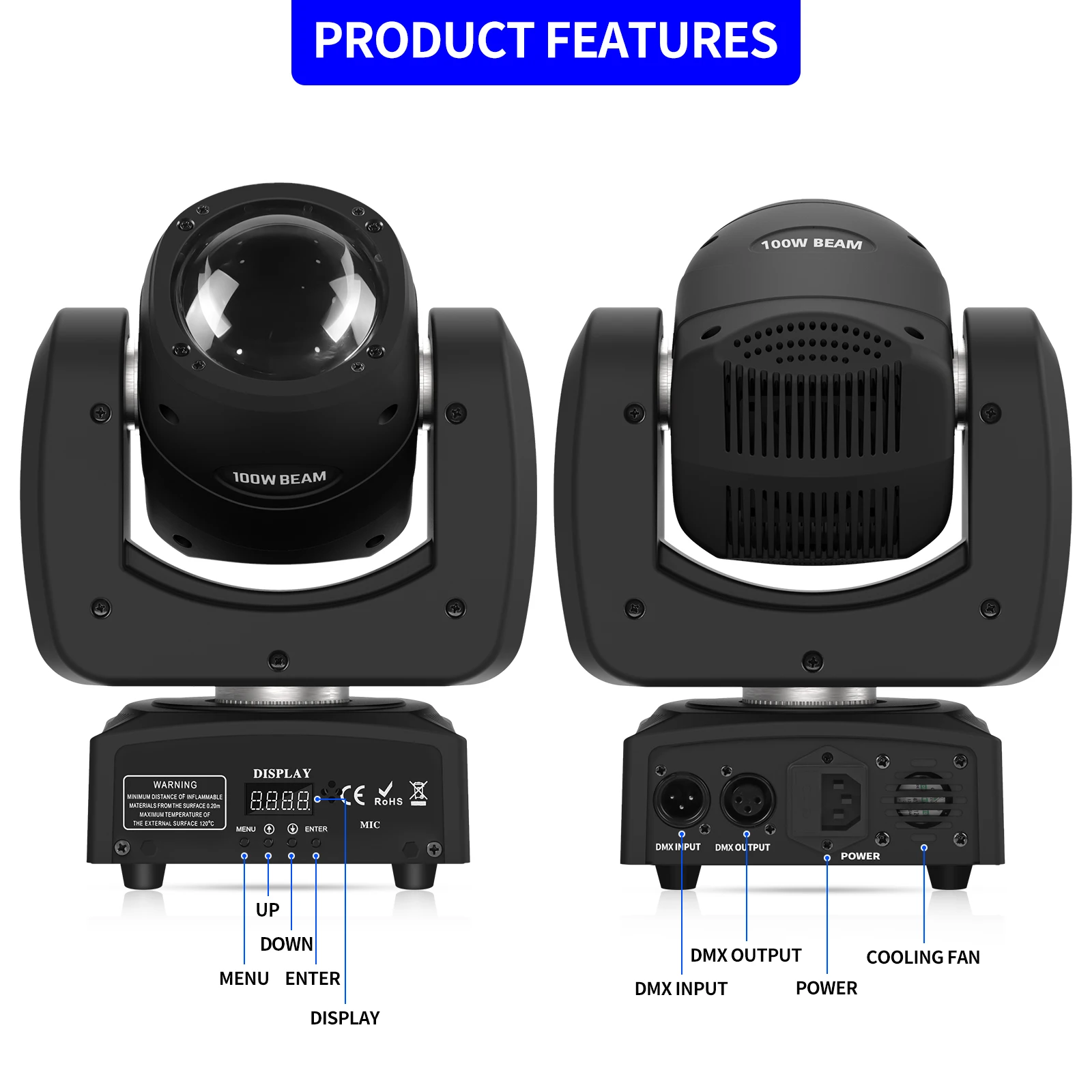 LED Stage Beam Light com cabeça móvel, som ativado, DMX para DJ, Disco, Clube, Festa, RGBW, 4 em 1, 100W