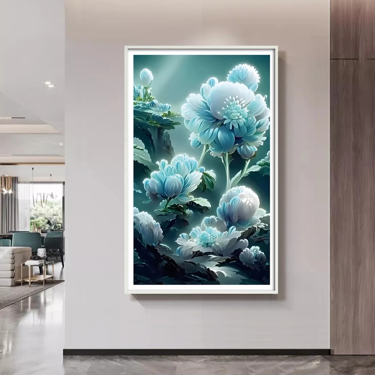 Luminous Dreamy Blue Peony Cross Stitch Kit, DIY Printed Embroidery Material Pack, Vertical Living Room Entrance Decoration Wall Art, Handicrafts for Girls on Leisure Holidays