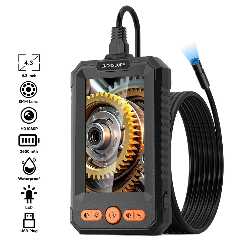

Industrial Endoscope Camera 4.3'' IPS Screen HD1080P 8MM Lens USB Cable 2M-100M Car Pipe Sewer Inspection Borescope 8LED 2600mAh