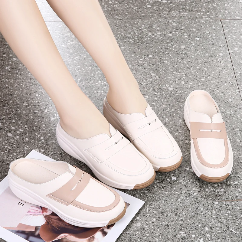 STRONGSHEN Summer Women Half Slippers Shoes Slip On Breathable Leather Shoes Woman Slides Outside Slippers Platform Wedges Shoes