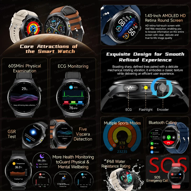 นาฬิกาสมาร์ทวอทช์ตรวจสุขภาพรุ่นใหม่ ปี 2025 พร้อมฟังก์ชัน ECG+PPG ตรวจวัดร่างกาย วัดกรดยูริก ไขมันในร่างกาย อัตราการเต้นของหัวใจ รองรับการโทรผ่านบลูทูธ สำหรับผู้ชายและผู้หญิง