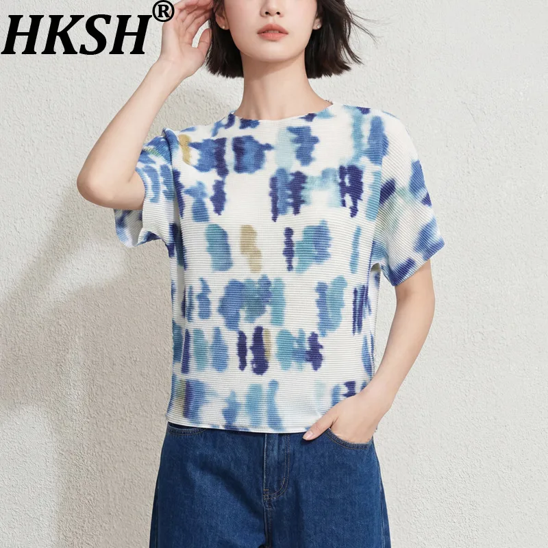 

Женская футболка HKSH с высокой эластичностью, круглым вырезом, коротким рукавом, плиссированная, с принтом, универсальная, шикарная, элегантная, повседневная, новая летняя модель HK21944