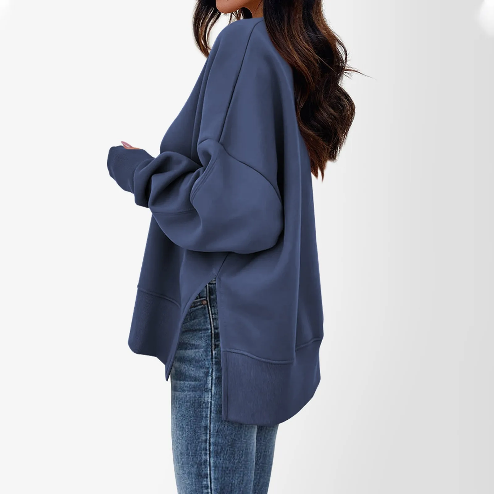 2025 feminino cor sólida fenda em torno do pescoço moletom casual topo solto manga comprida topo mulher roupas de inverno mulher