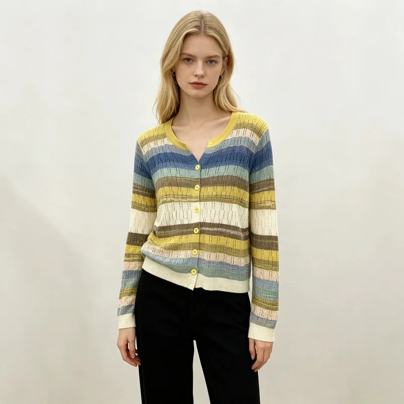 Women'S  Winter New Collection: Color-Block Striped V-Neck Knitted Cardigan, Open-Knit Design, Versatile Long-Sleeve Sweater
