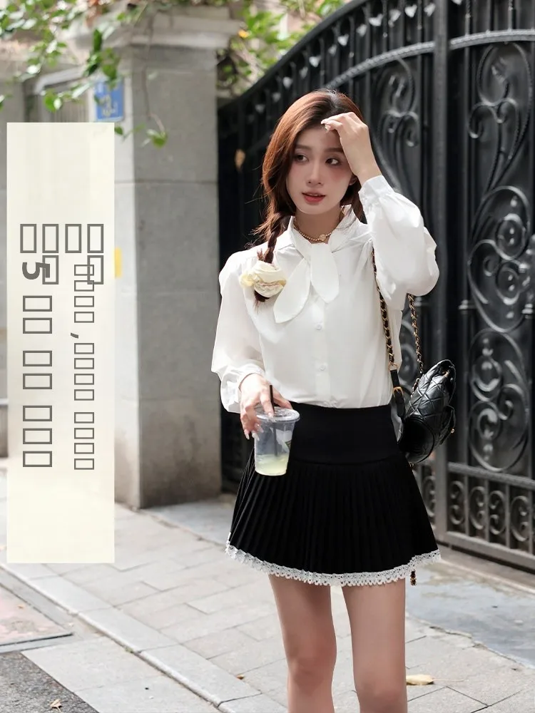 

White Collar Tie Shirt Women's Slim Fit Korean Style Cotton Long Sleeve Button up Pure Color Office Wear Bubble Yang