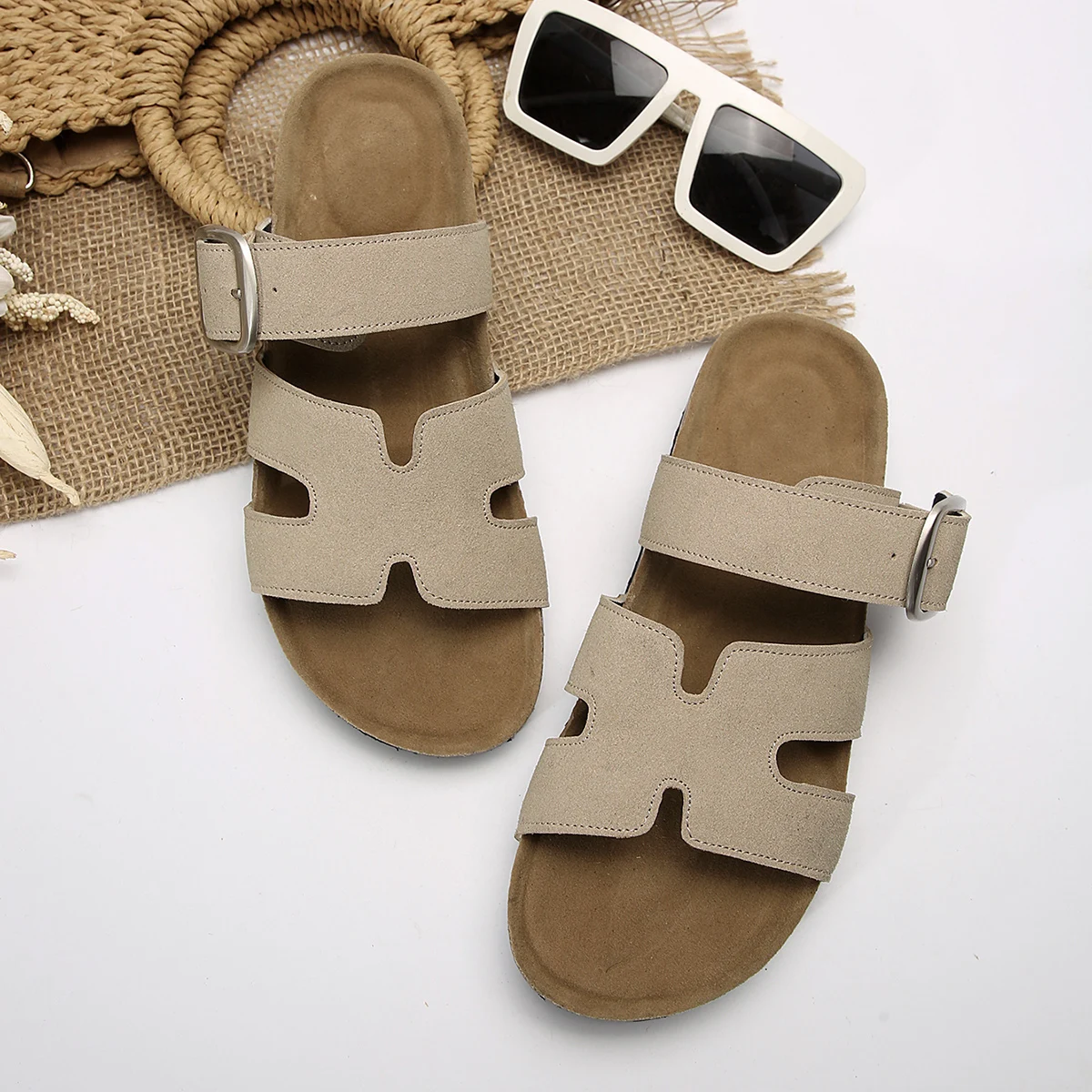 Sommermode Wildleder Hausschuhe mit Fußgewölbeunterstützung Outdoor klassische verstellbare Schnalle Strandrutsche Damen Kork Clogs Sandalen – Detail 2