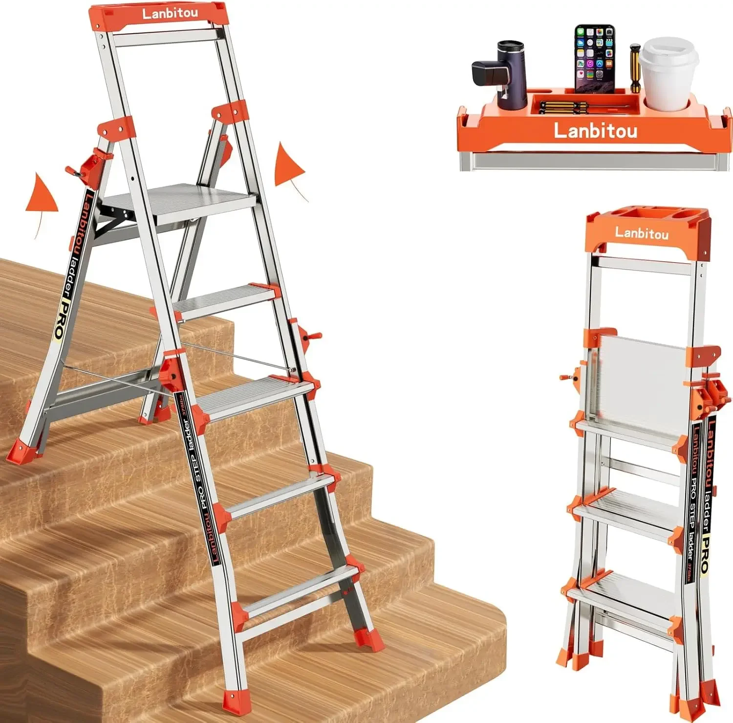 Ladder, Aluminum 5 Step Ladder with Handrails, Anti-Slip Wide Pedal, Tool Platform, Folding Step Stool Step Ladder for Stairs Ho