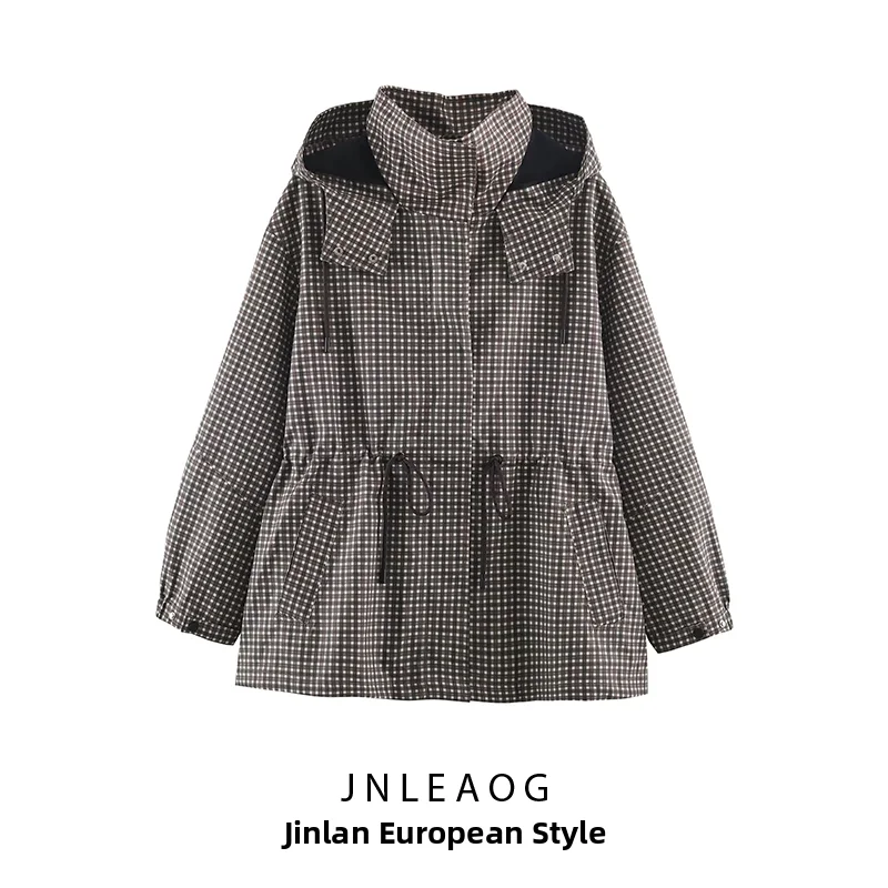 JNLEAOG Autumn New Fashionable Plaid Hooded Jacket Women's All-Match Outerwear Polyester Standard Fit Long Sleeve Coat
