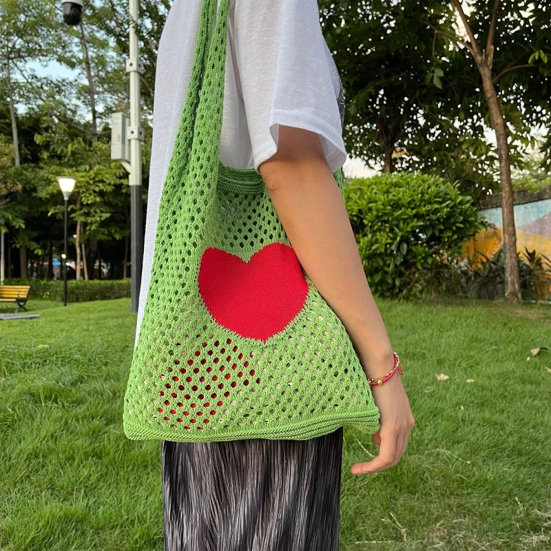 Delicate Handbag Heart Knitted Bag Hollow Shoulder Bag Large Capacity Tote Bag Stray Bag All-match for Street E74B